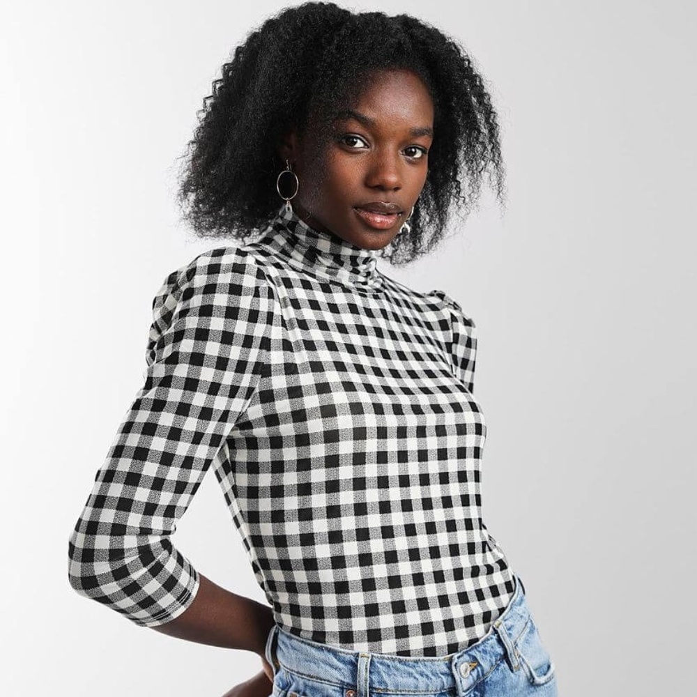 Free People Gather Turtleneck Top Black Combo Gingham Mesh Puff Sleeve M NWT